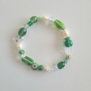 Green Glass Bead And Pearl Bracelet
